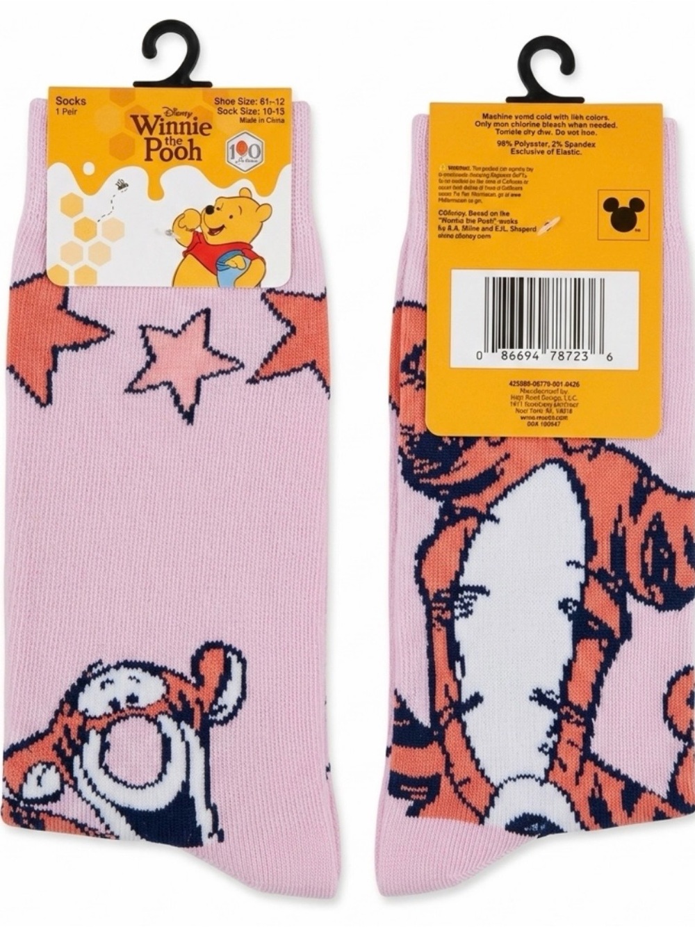 NWT Disney Winnie the Pooh Tigger Pink Star Crew Socks Shoe Size 6.5-12